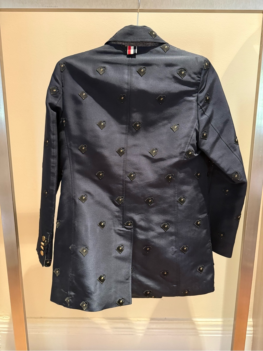 THOM BROWNE Navy Embroidered Double-Breasted Blazer with Gold Buttons - Picture 3 of 10